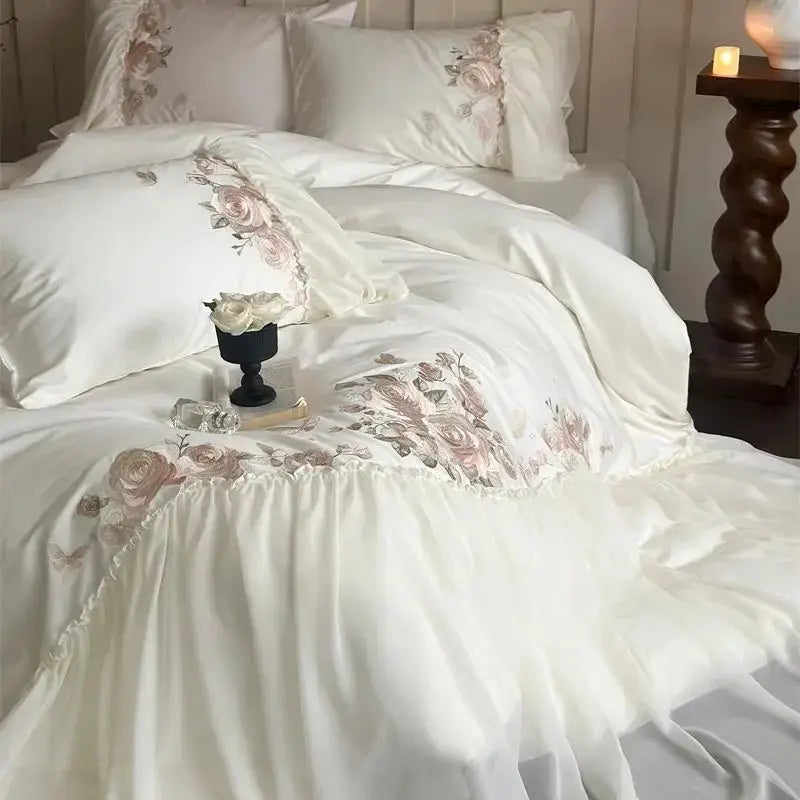 Luxe lace ruffles white & pink floral bedding set bedroom duvet