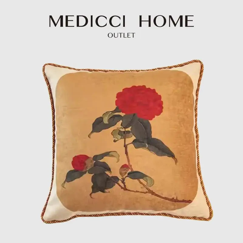 Oriental red camellia floral decorative pillow case living room decor