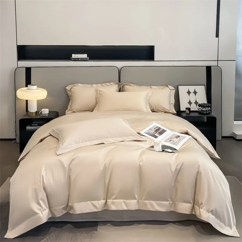 Luxurious beige satin egyptian cotton duvet cover bedroom set