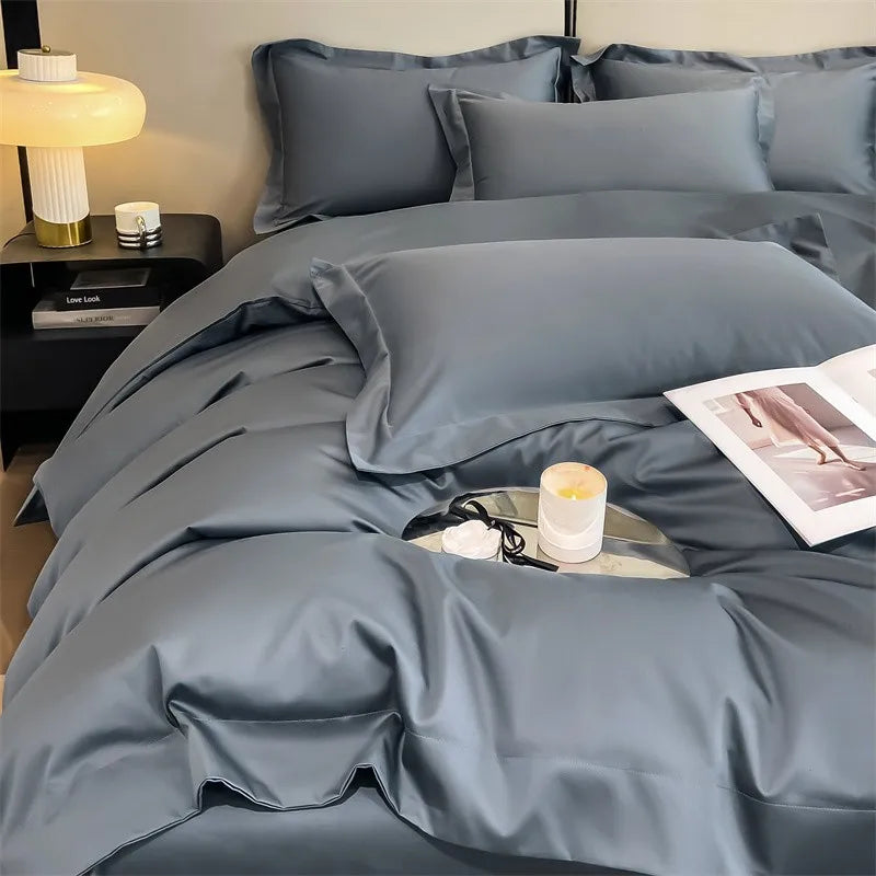 Luxurious silver gray satin duvet cover set bedroom bedding
