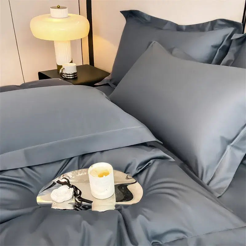 Luxurious silver gray satin duvet cover set bedroom bedding
