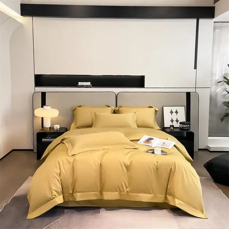 Luxurious mustard yellow satin duvet cover set bedroom bedding