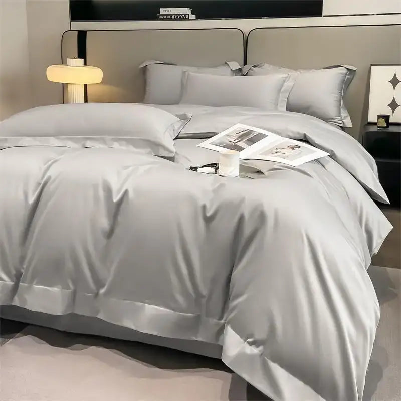 Luxurious silver gray satin duvet cover set bedroom bedding