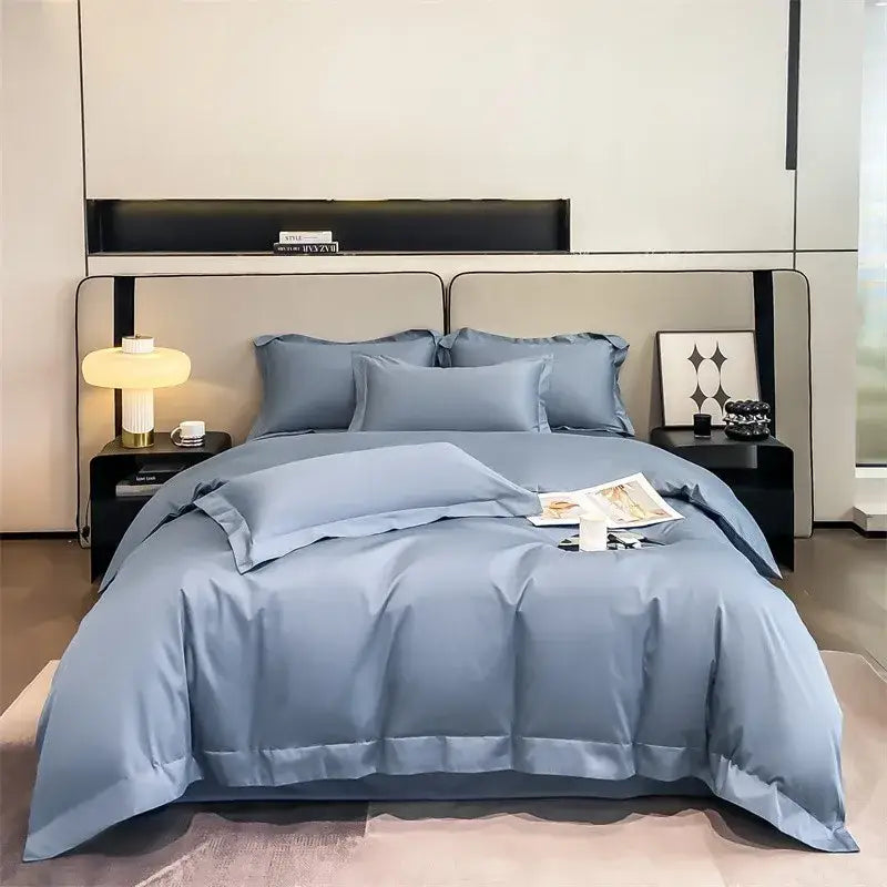 Luxurious light blue satin 3 piece duvet cover bedroom bedding set
