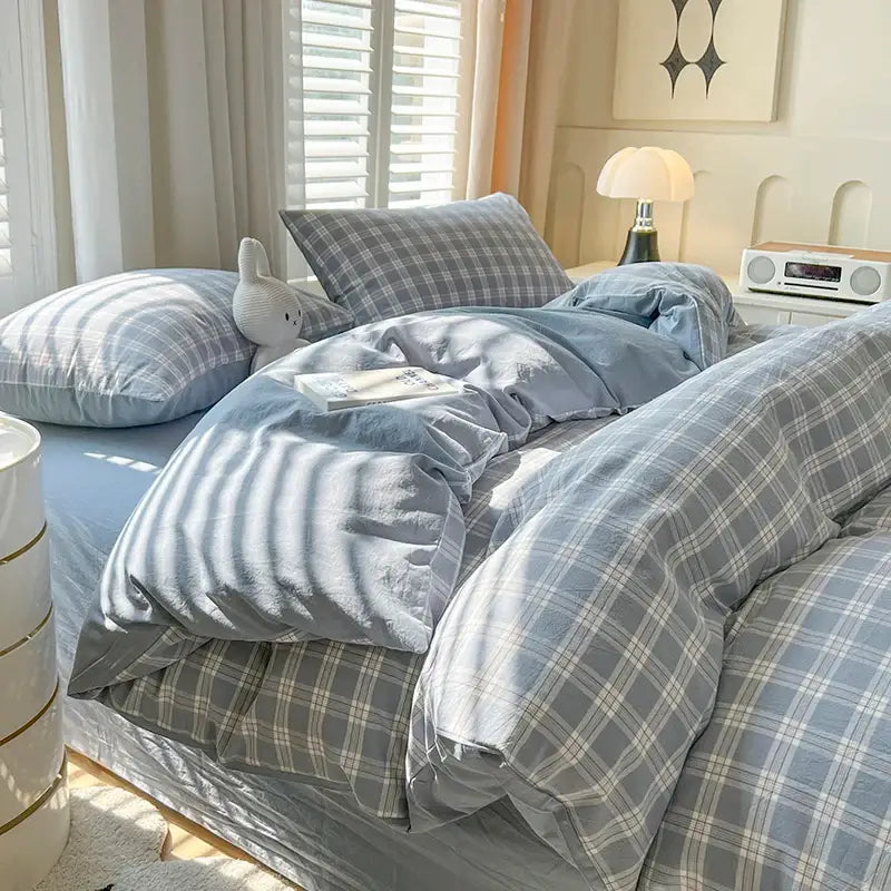 Luxurious blue & white plaid bedding set bedroom duvet cover