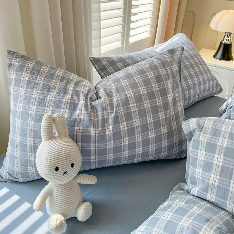 Luxurious blue & white plaid bedding set bedroom duvet cover