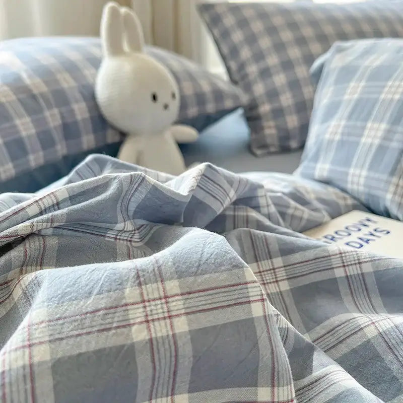 Luxurious blue & white plaid bedding set bedroom duvet cover