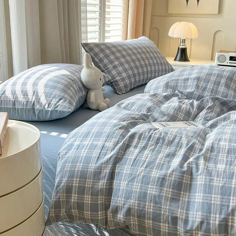 Luxurious blue & white plaid bedding set bedroom duvet cover