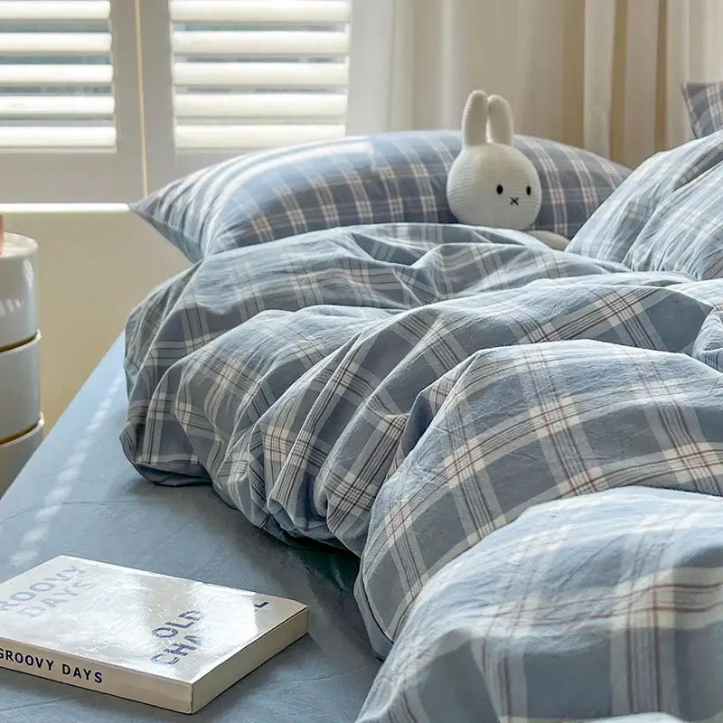 Luxurious blue & white plaid bedding set bedroom duvet cover
