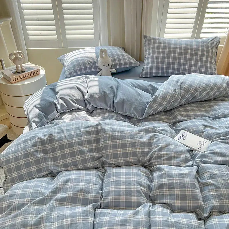 Luxurious blue & white plaid bedding set bedroom duvet cover