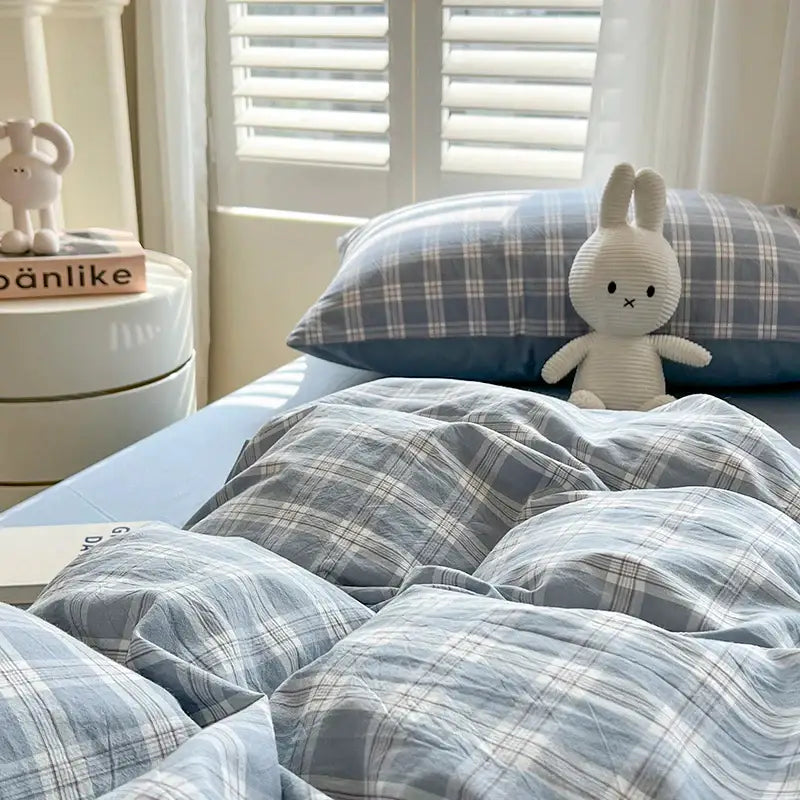 Luxurious blue & white plaid bedding set bedroom duvet cover