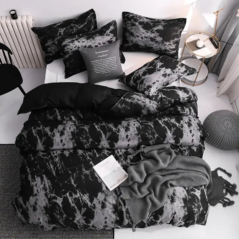 Modern minimalist black & gray marble duvet cover set bedroom bedding