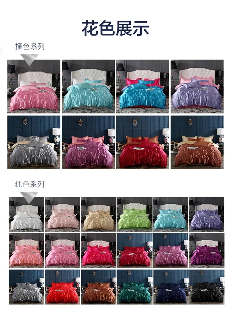 Luxurious crimson satin duvet cover and bed sheet bedroom set