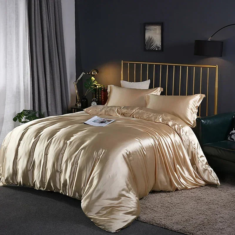 Luxurious gray silk satin duvet cover set bedroom bedding
