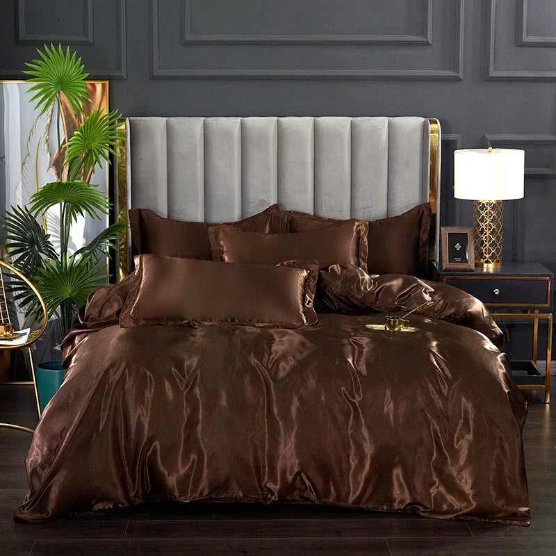 Luxurious pink satin duvet cover bedding set bedroom