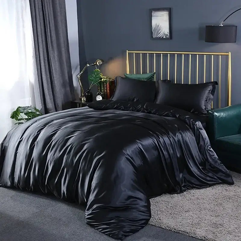 Luxurious metallic gray & gold satin duvet cover bedroom bed sheet