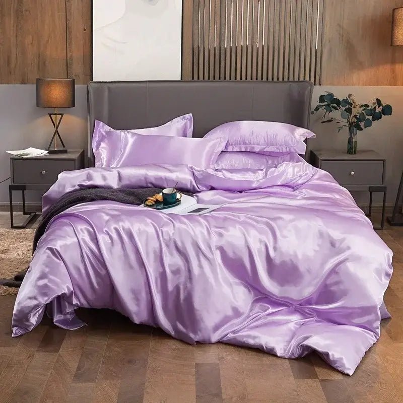 Luxurious gray silk satin duvet cover set bedroom bedding