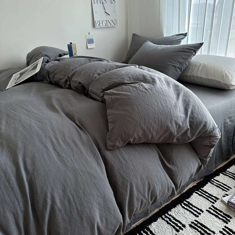 Quilted gray cotton bedding set bedroom duvet cover