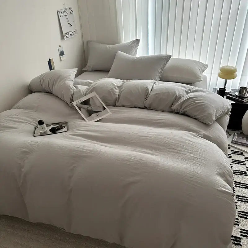 Quilted gray cotton bedding set bedroom duvet cover