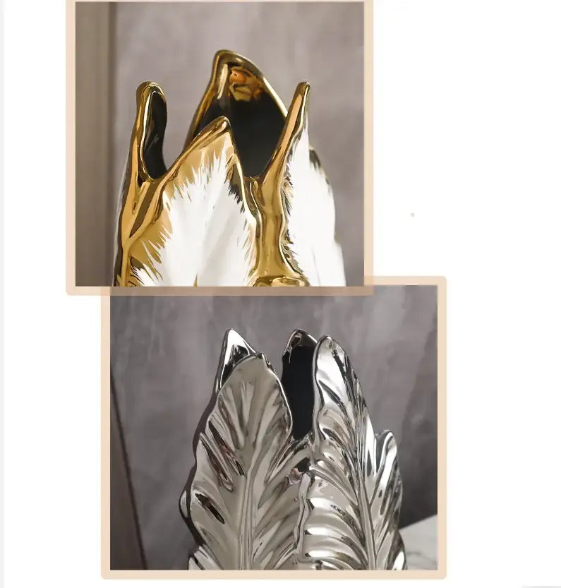 Luxurious gold ceramic feather vase white & gold living room decor