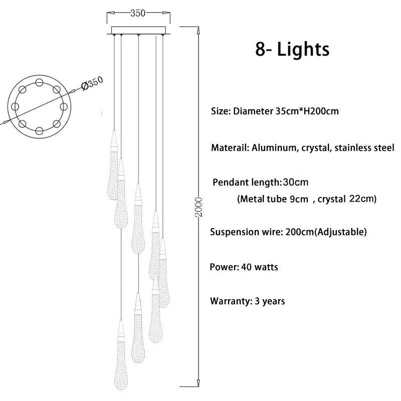 Modern gold crystal light chandelier staircase cascading glass teardrop