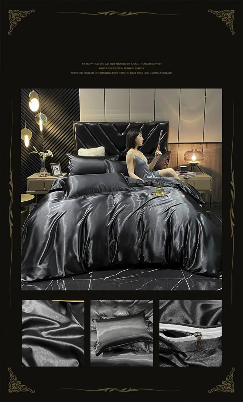 Luxurious teal satin bedding set with duvet cover for bedroom