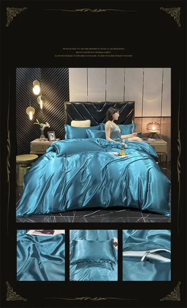 Luxurious teal satin bedding set with duvet cover for bedroom