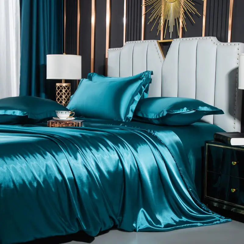 Luxurious teal glossy satin duvet cover bedroom bedding set