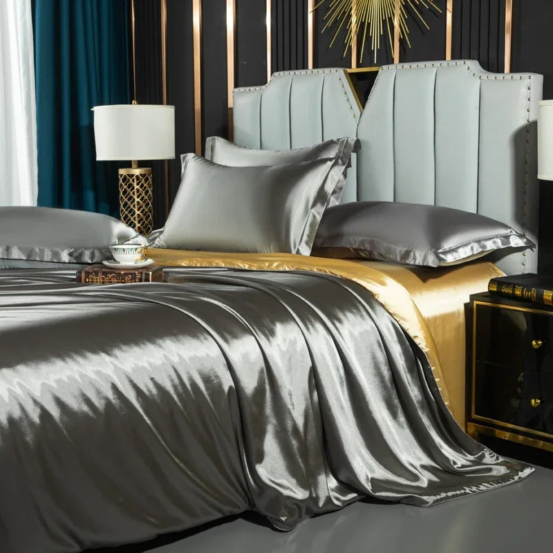 Luxurious silver satin duvet cover bedroom bedding set