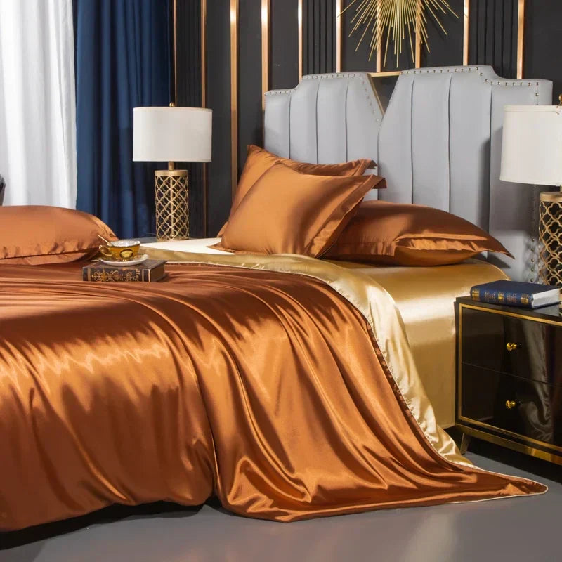 Luxurious pink satin duvet cover set bedroom silk bedding