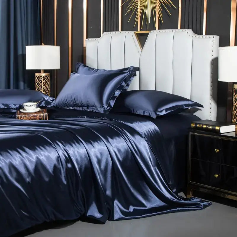 Luxurious navy satin duvet cover set bedroom bedding