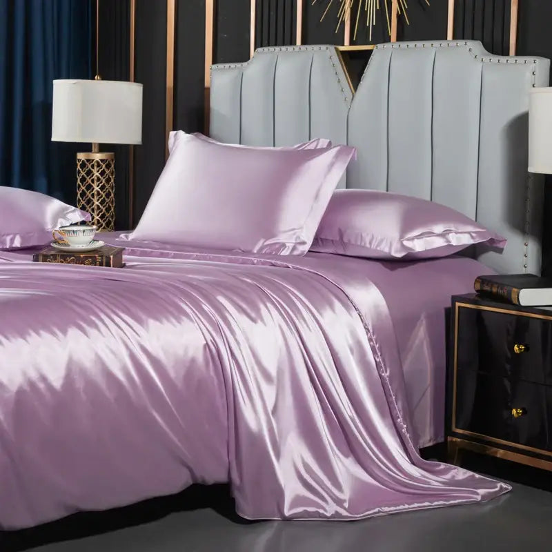 Luxurious purple satin ruffled duvet cover bedroom bedding set
