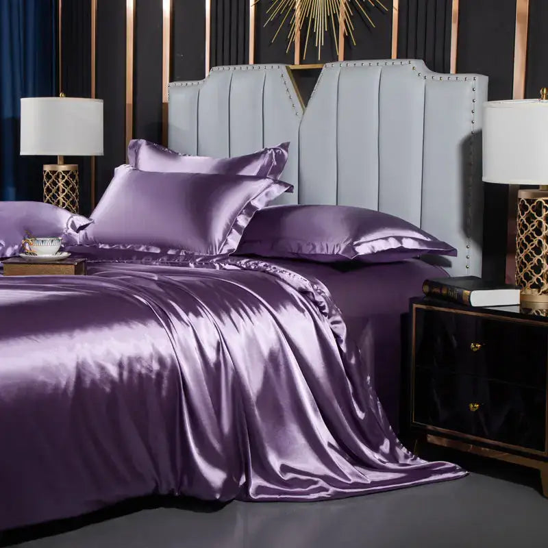 Luxurious pink satin duvet cover set bedroom silk bedding