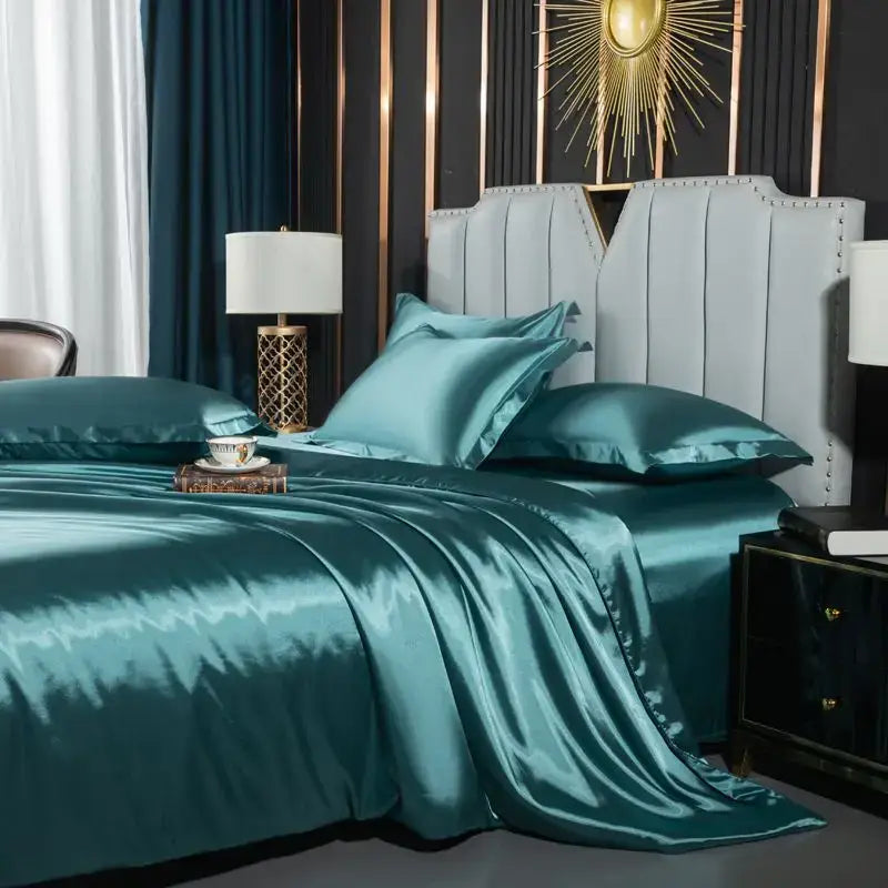 Luxurious pink satin duvet cover set bedroom silk bedding