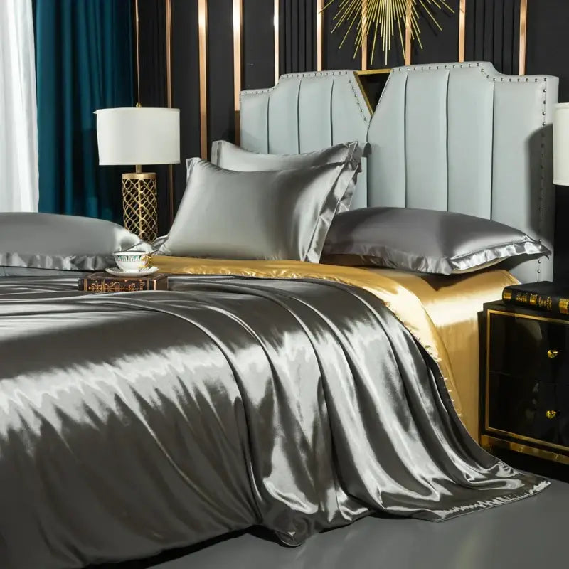 Luxurious gold satin duvet cover set bedroom silk bed sheet
