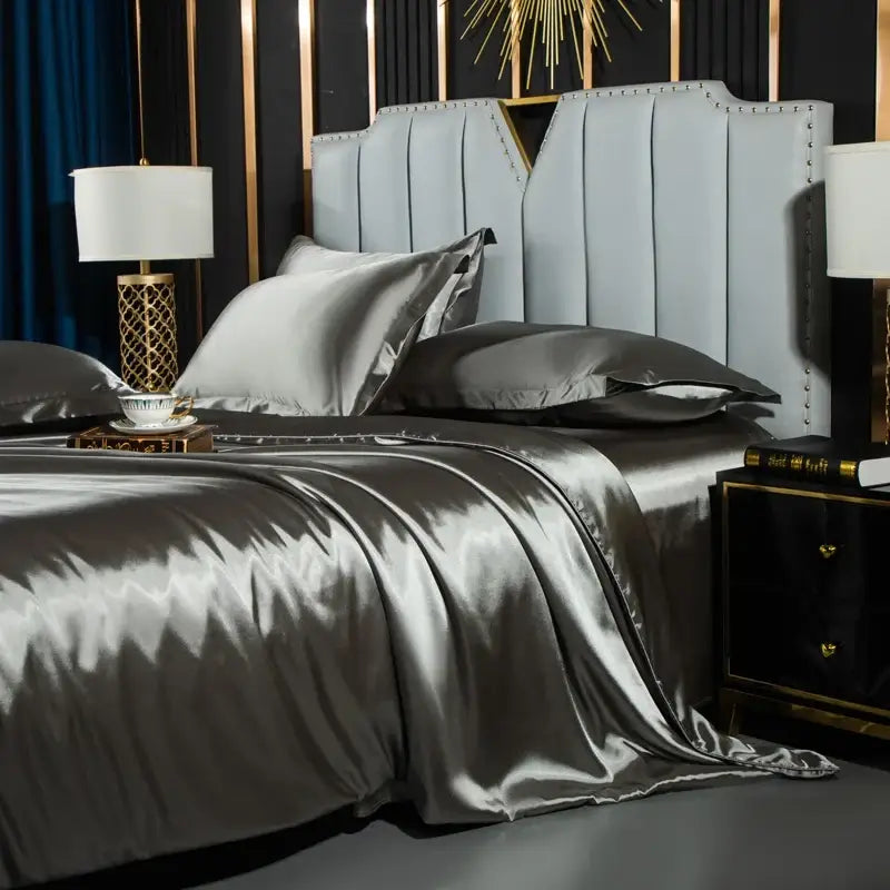 Luxurious gold satin duvet cover set bedroom silk bed sheet