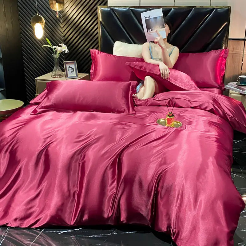 Luxurious pink satin 4 pcs duvet cover bedding set bedroom