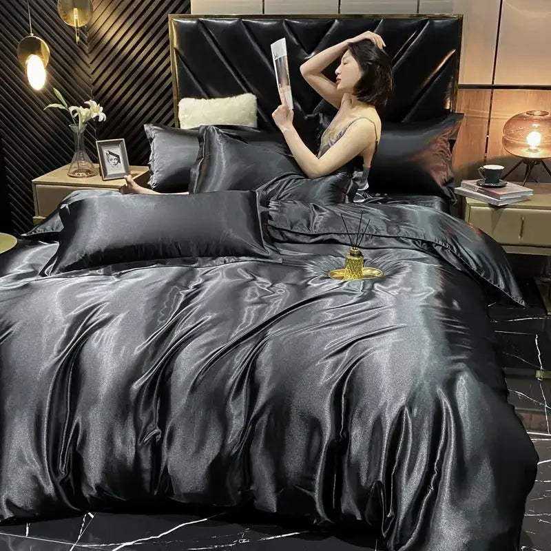 Luxurious pink satin 4 pcs duvet cover bedding set bedroom