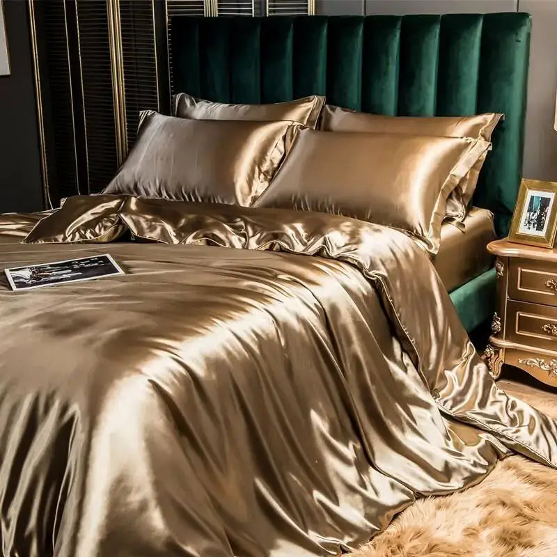 Luxurious golden rayon silk duvet cover bedroom bedding set