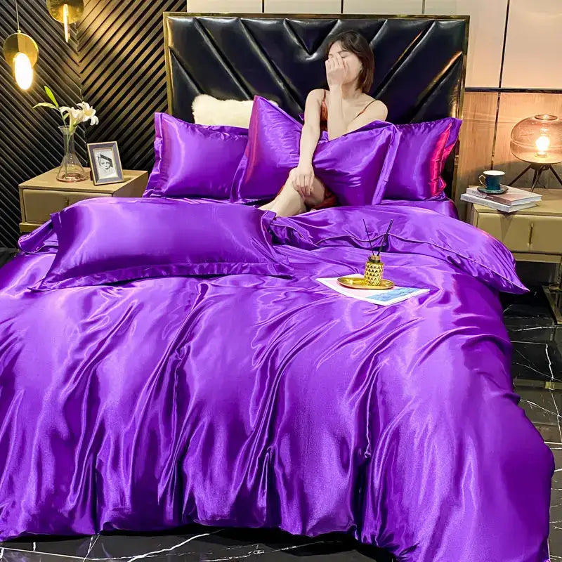 Luxurious pink satin 4 pcs duvet cover bedding set bedroom