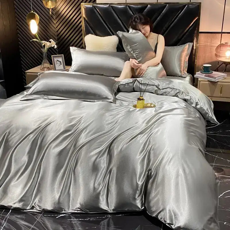 Luxurious pink satin 4 pcs duvet cover bedding set bedroom