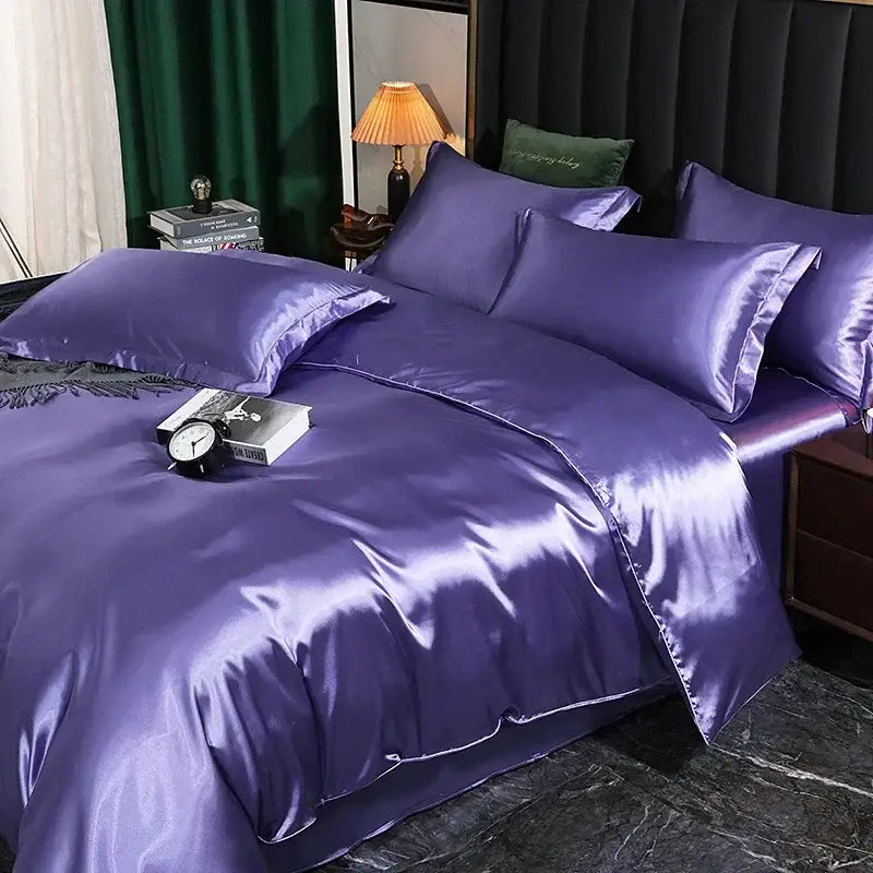 Luxurious black satin duvet cover set bedroom silk bed sheet