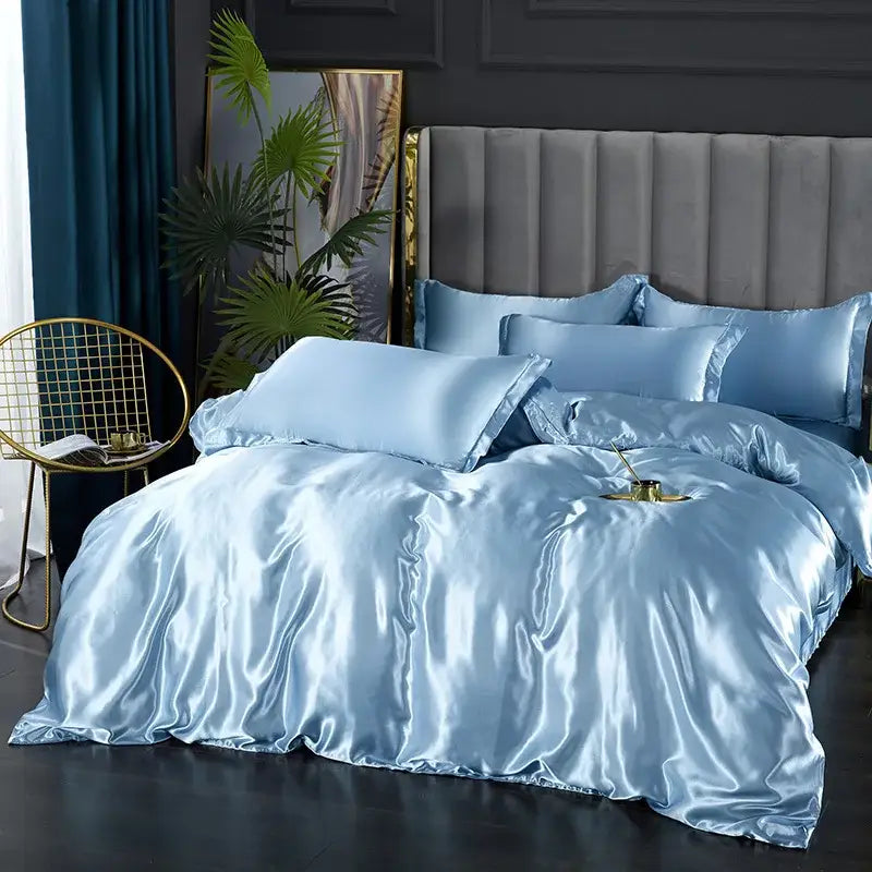 Luxurious light blue glossy satin bedding set bedroom duvet cover