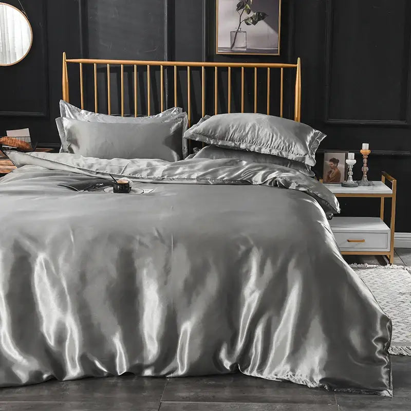 Luxurious light blue satin silk bedding set bedroom duvet cover