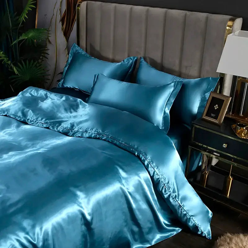 Luxurious light blue satin silk bedding set bedroom duvet cover
