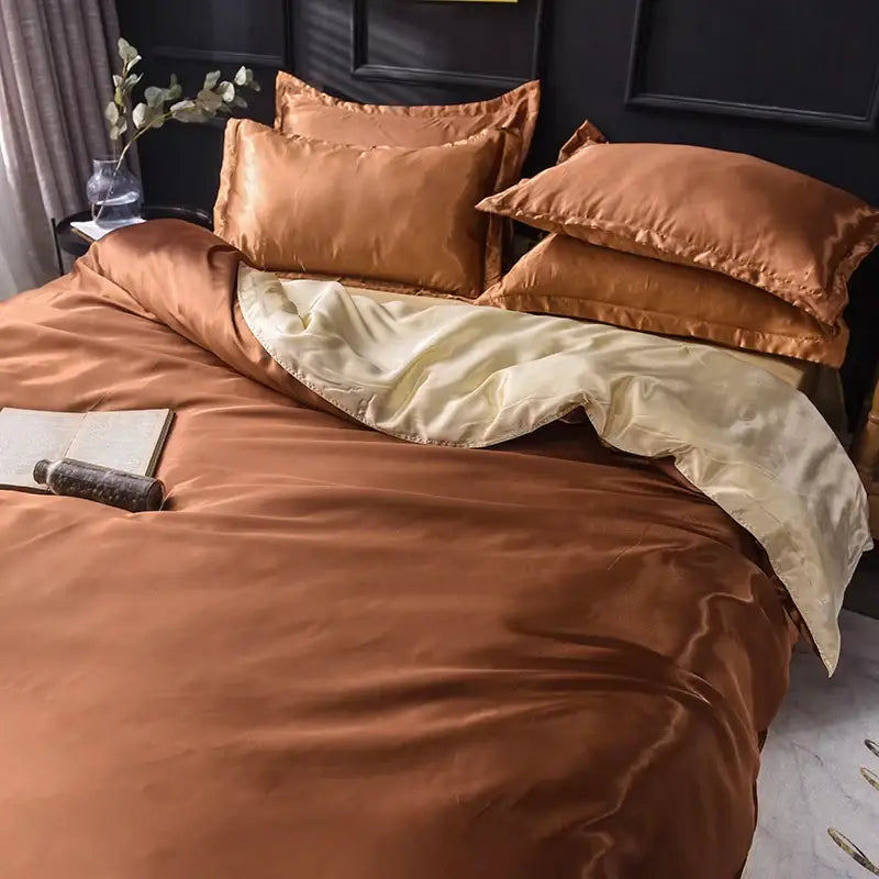 Luxurious copper & cream satin bedding set bedroom duvet cover