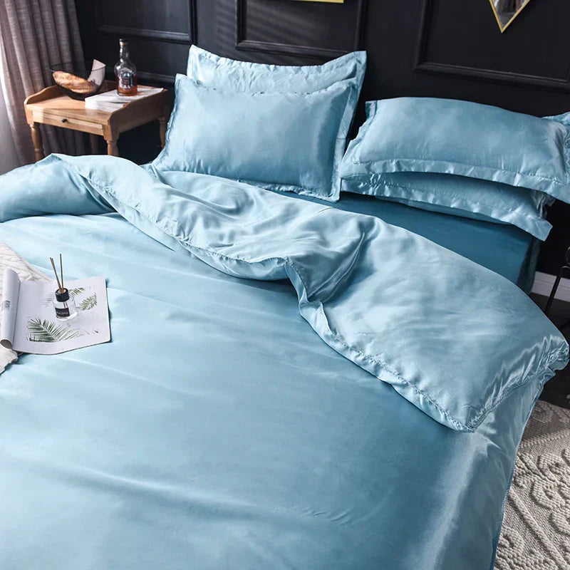 Luxurious turquoise satin silk bedding set for bedroom