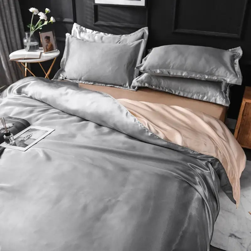Luxurious teal satin silk bedding set bedroom glossy finish