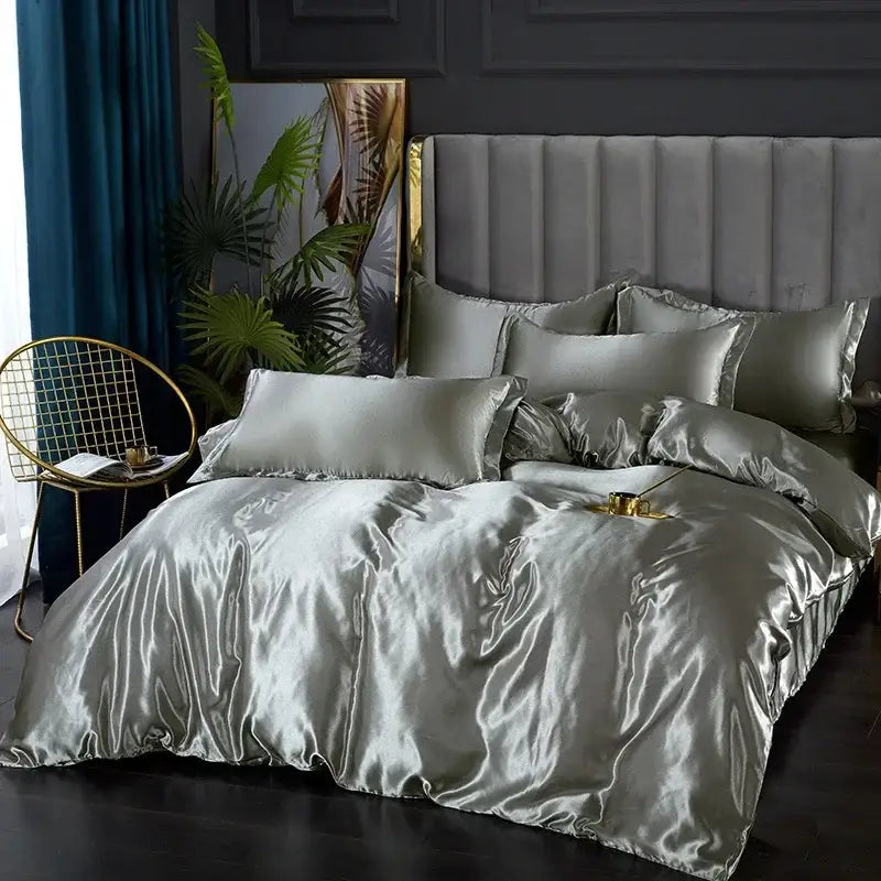 Luxurious pink glossy satin duvet cover bedroom bedding set