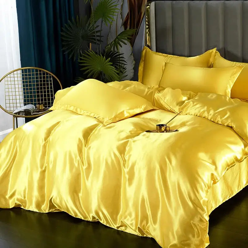 Luxurious gold satin duvet cover set bedroom silk bedding